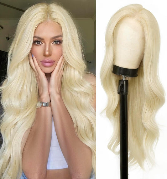 cuiud Blonde Lace Front Wig Synthetic Light Blonde Wavy Wig with Curtain Bangs 13X4 HD Long Layered Natural Blonde Wig PrePlucked Glueless Wig Lace Wig Platinium Blonde 28inch
