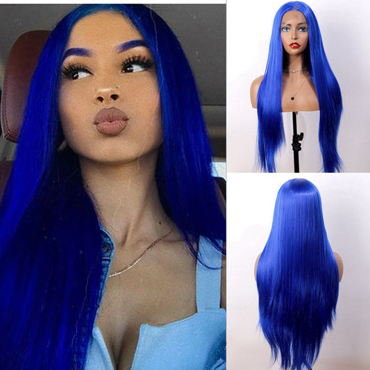 Blue Long Straight Synthetic Lace Front Wig